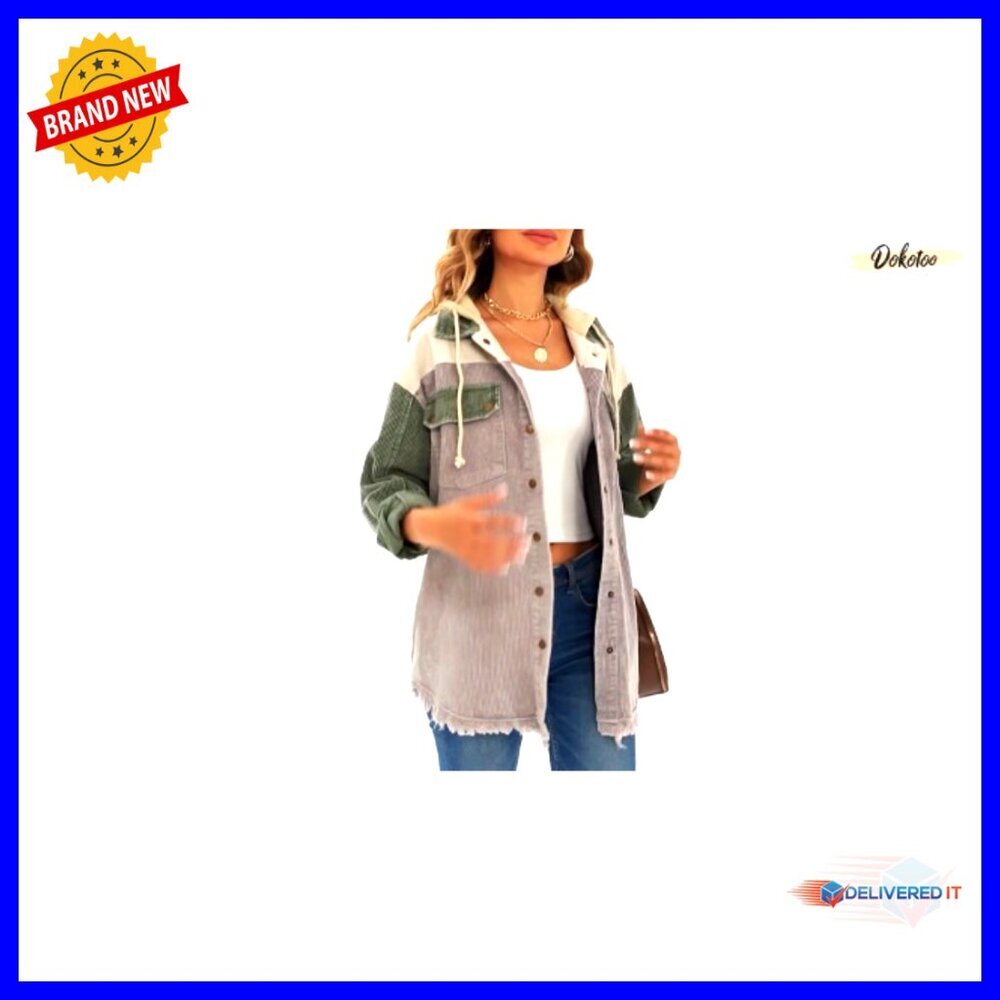 Corduroy Shacket Jacket Oversized Chic Button Down Hooded Coat with Pockets - Picture 6 of 7